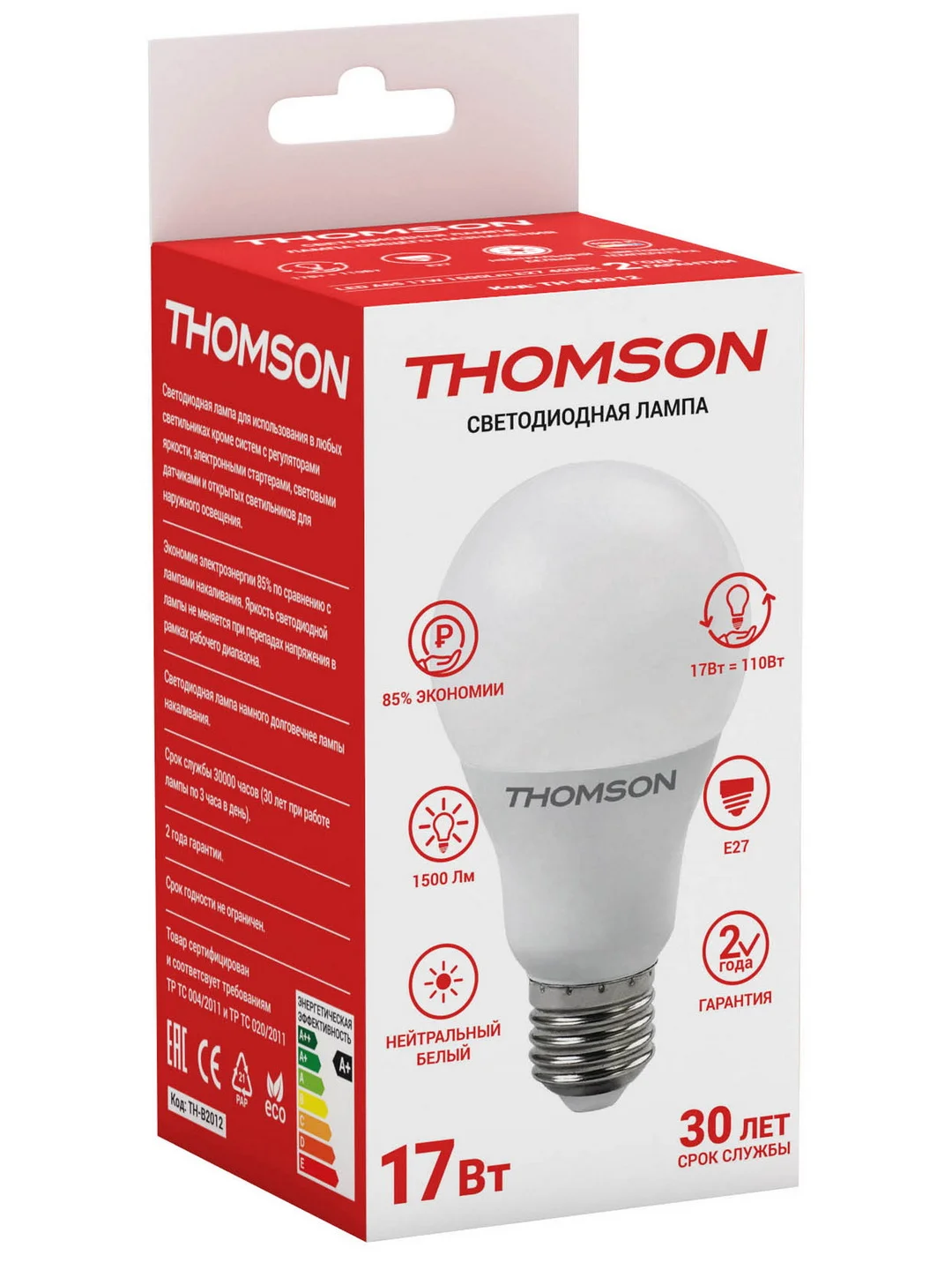 Лампочка светодиодная THOMSON TH-B2012 17 Вт, E27, А65, груша, 4000K дневной свет