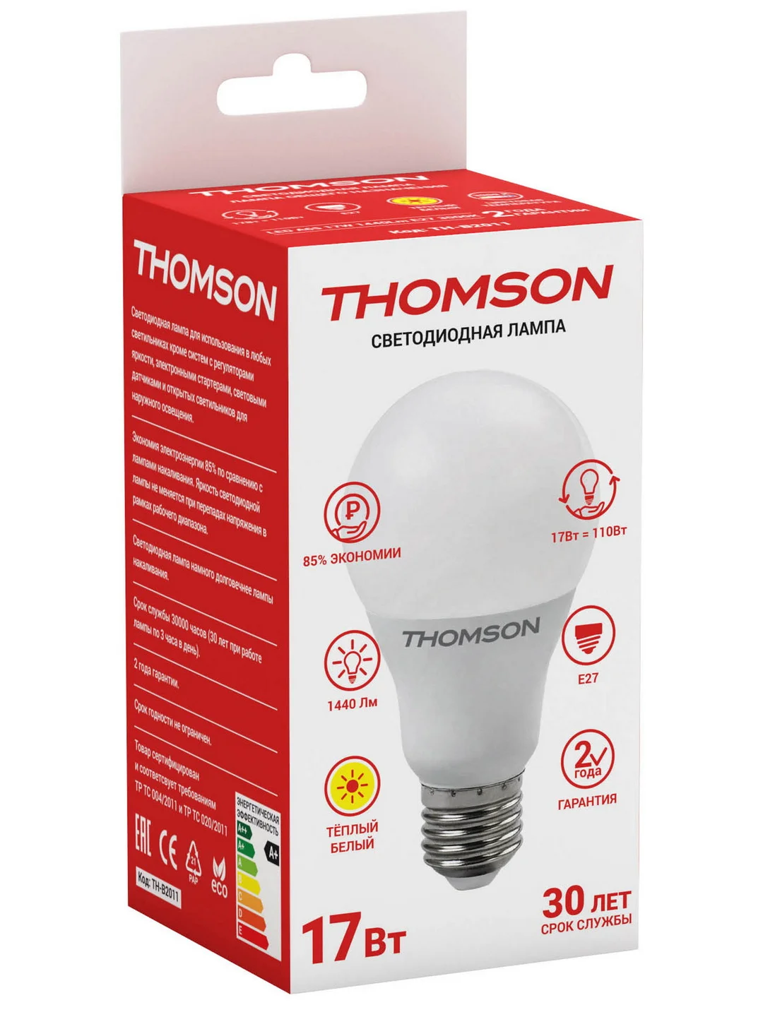 Лампочка светодиодная THOMSON TH-B2011 17 Вт, E27, А65, груша, 3000K теплый белый свет