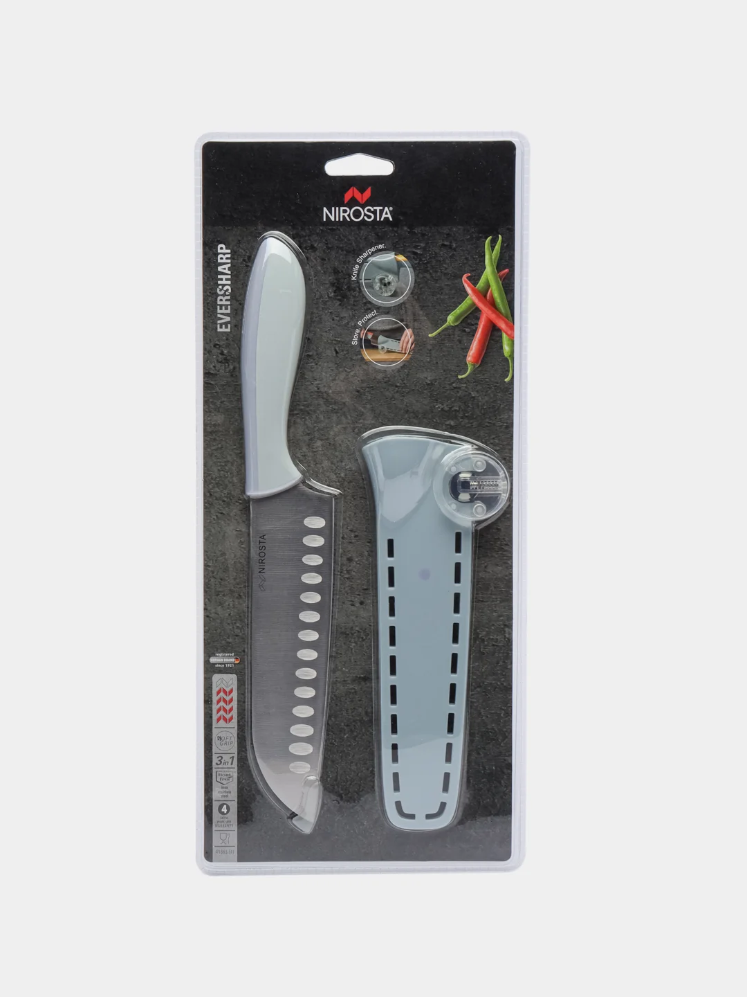 Нож "Сантоку", с чехлом и точилкой Nirosta Eversharp 3 в 1, 30,5 см, лезвие 18 см