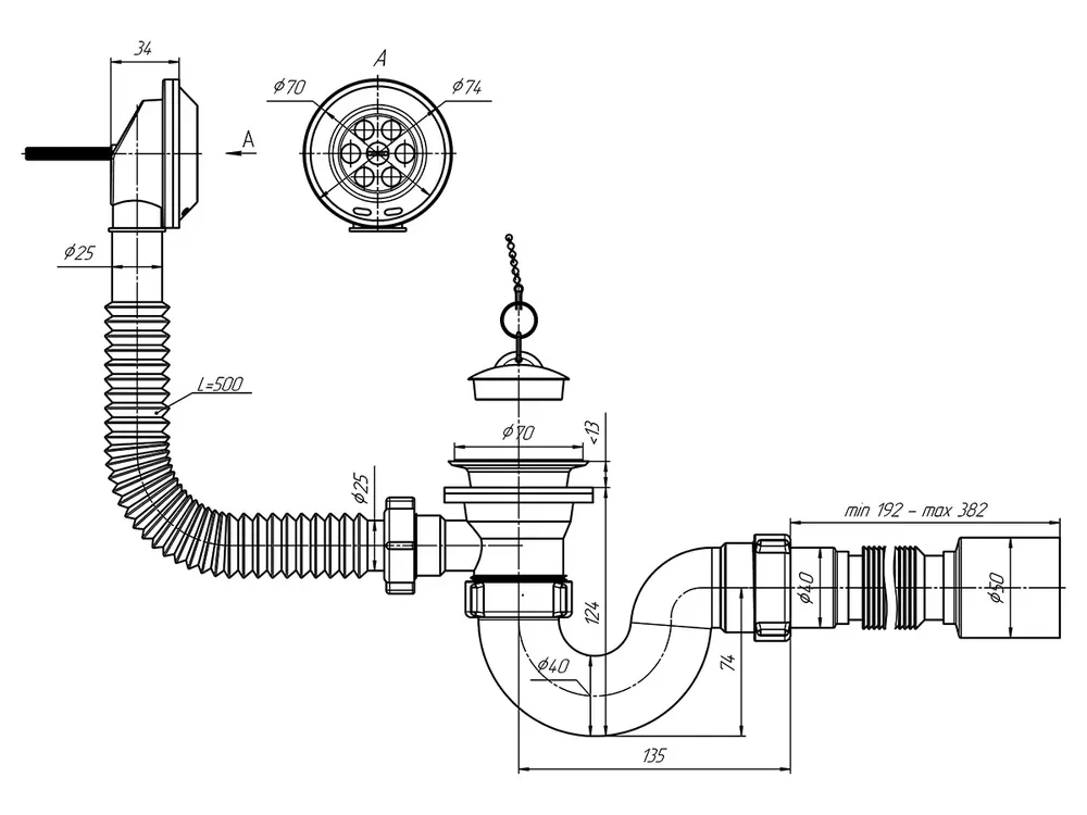 Сифон для ванны АНИ E155 1 1/2"х40, д/ванны, реш. 70мм, с переливом, гофра 40/50