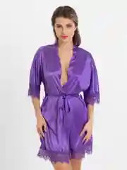 Фиолетовый халат женский, домашний, атласный, стринги женские, комплект