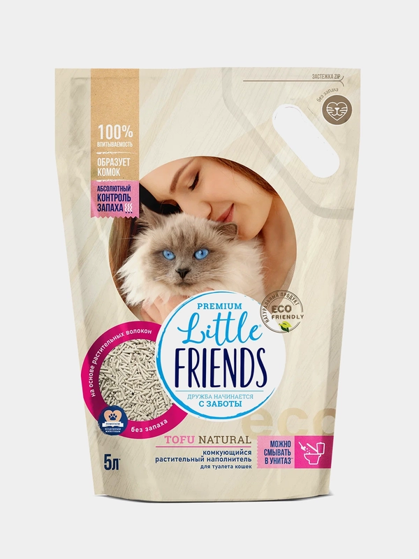 Наполнитель растительный комкующийся для туалета кошек Little Friends Tofu Natural, 2,5 кг