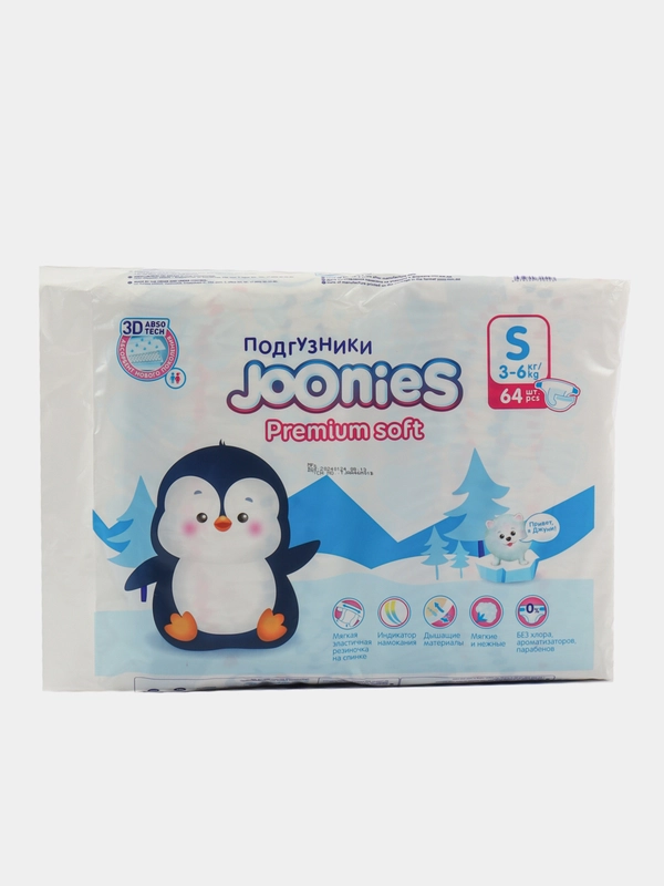 Подгузники Joonies Premium Soft размер S (3-6кг) 64шт