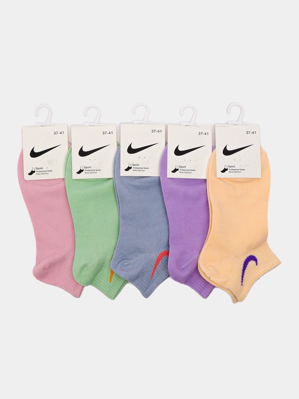 Носки женские спортивные с вышитым принтом Найк (Nike) короткие, хлопок, набор 5 пар