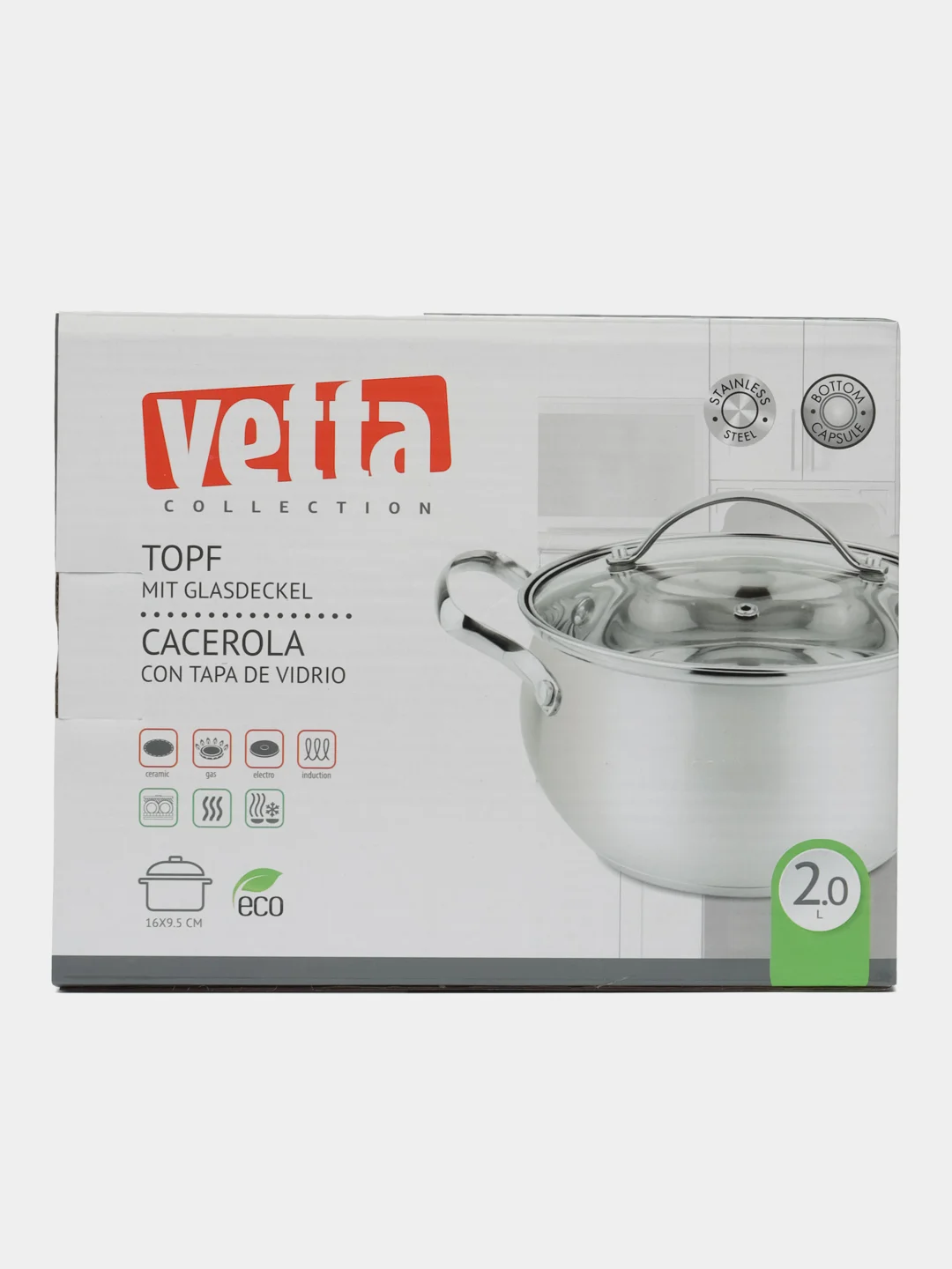 VETTA "Женева" кастрюля, 16 х 9,5 см, 2,0 л, со стеклянной крышкой, индукция