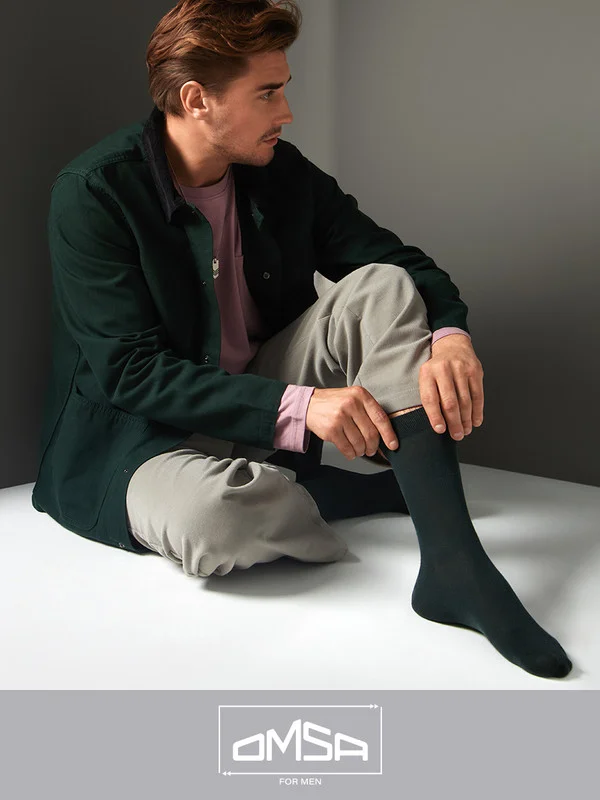 Зелёный хаки носки мужские OMSA ECO 401 Colors высокие длинные из хлопка, набор 5 пар