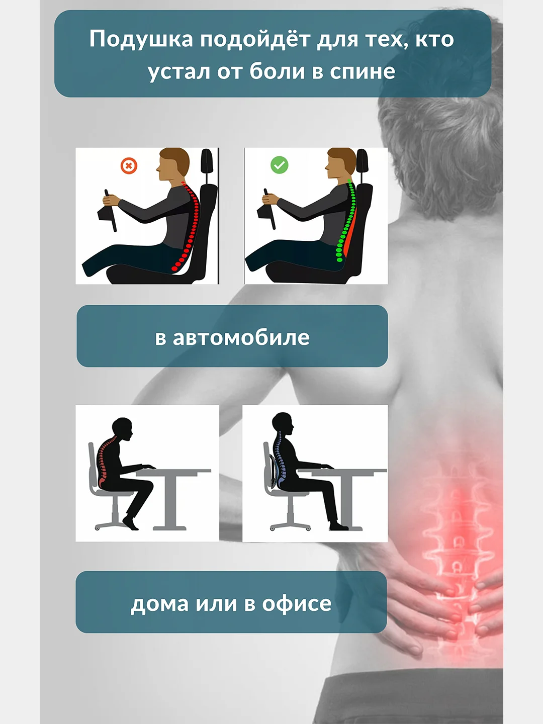 Подушка в авто под поясницу Memory Foam/подушка на стул под спину с 3D наволочкой, чёрный