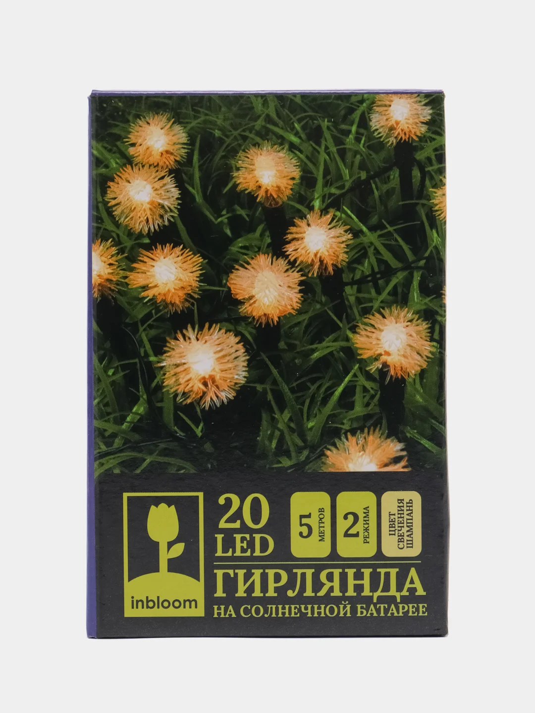 INBLOOM Гирлянда на солн. батарее, 20 LED, 5м, 2 реж, одуван, ПВХ зел, 2V60mA, 1.2V600mAh