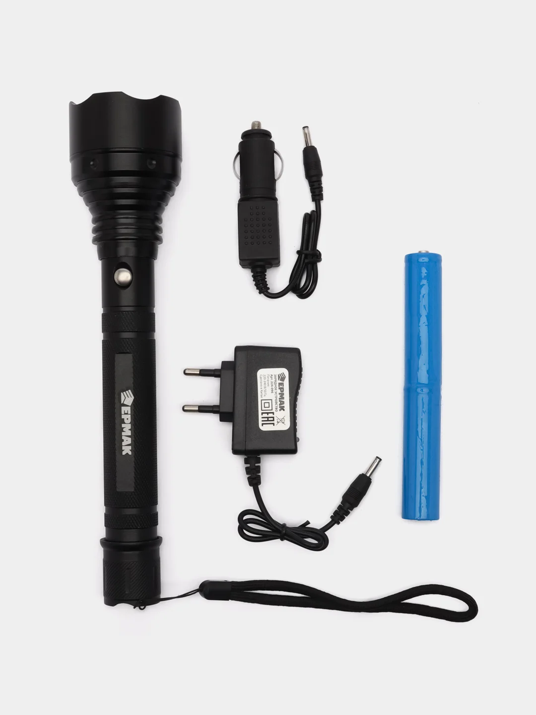 ЕРМАК Фонарь, 1 LED, 5 режимов, 2400мАч, зарядка 220-240В/12В, 5,6х5,6х24,5см, металл