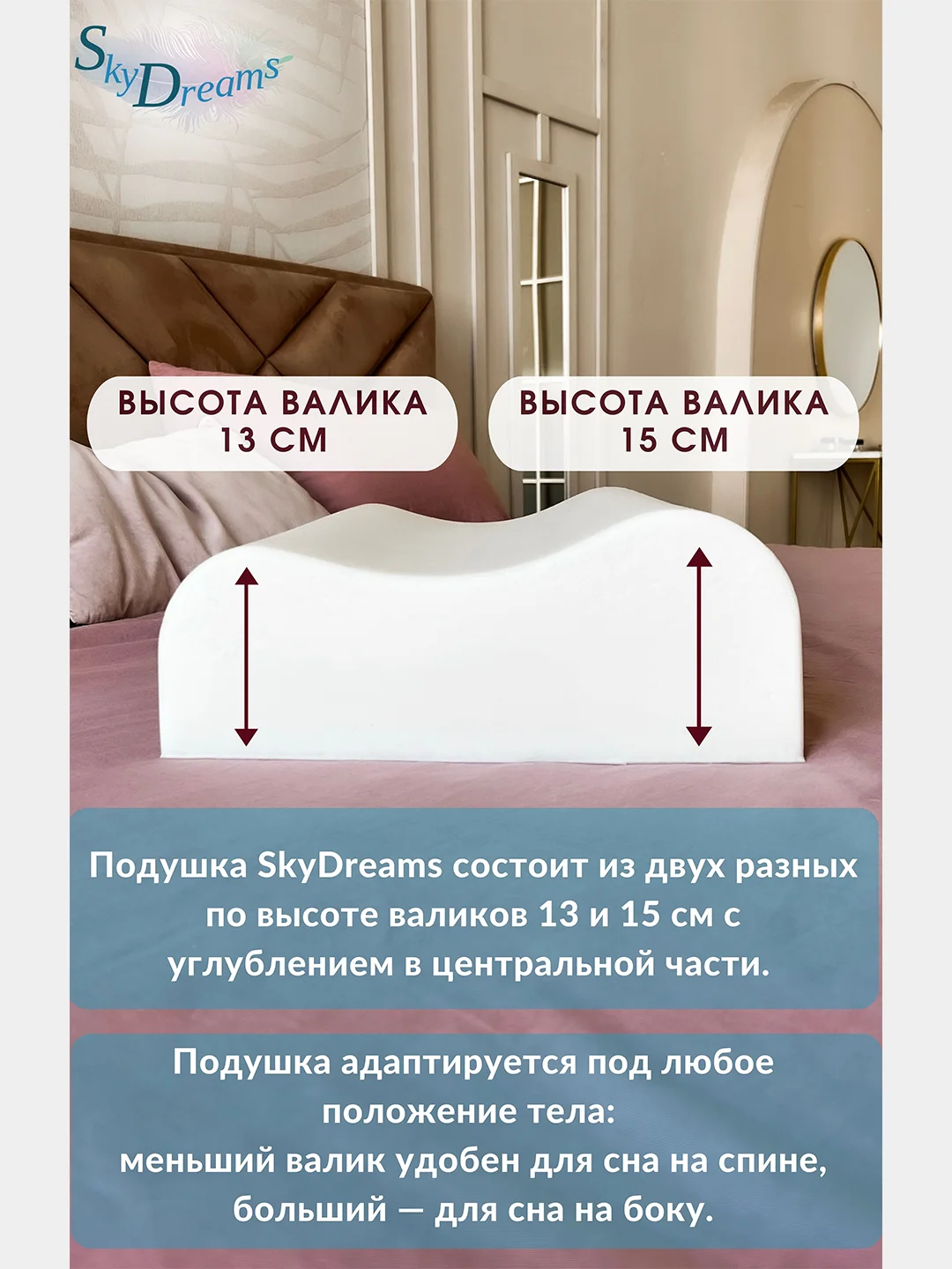 SkyDreams Ортопедическая подушка WAVE с эффектом памяти, с двумя валиками, 60х40х15/13 см
