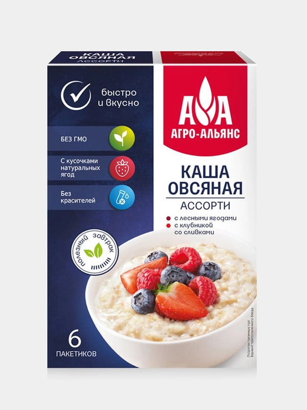 Каша овсяная Агро-Альянс "Ассорти", моментального приготовления, 6 пакетиков по 40 г