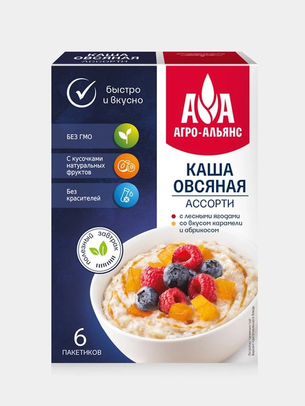 Каша овсяная моментального приготовления Агро-Альянс "Ассорти", 6 пакетиков по 40 г