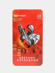 Карандаши цветные BRAUBERG "Star Patrol", 12 цветов, заточенные, металлическая упаковка