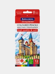 Карандаши цветные мягкие BRAUBERG АКАДЕМИЯ 12 цветов, шестигранные, грифель 3 мм, 181864