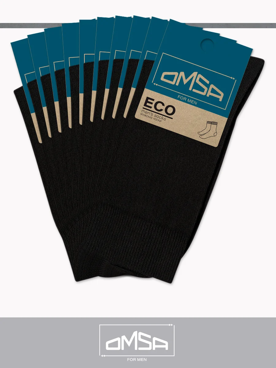 Черный носки мужские OMSA ECO 401 высокие длинные из хлопка, упаковка "Крафт" набор 10 пар