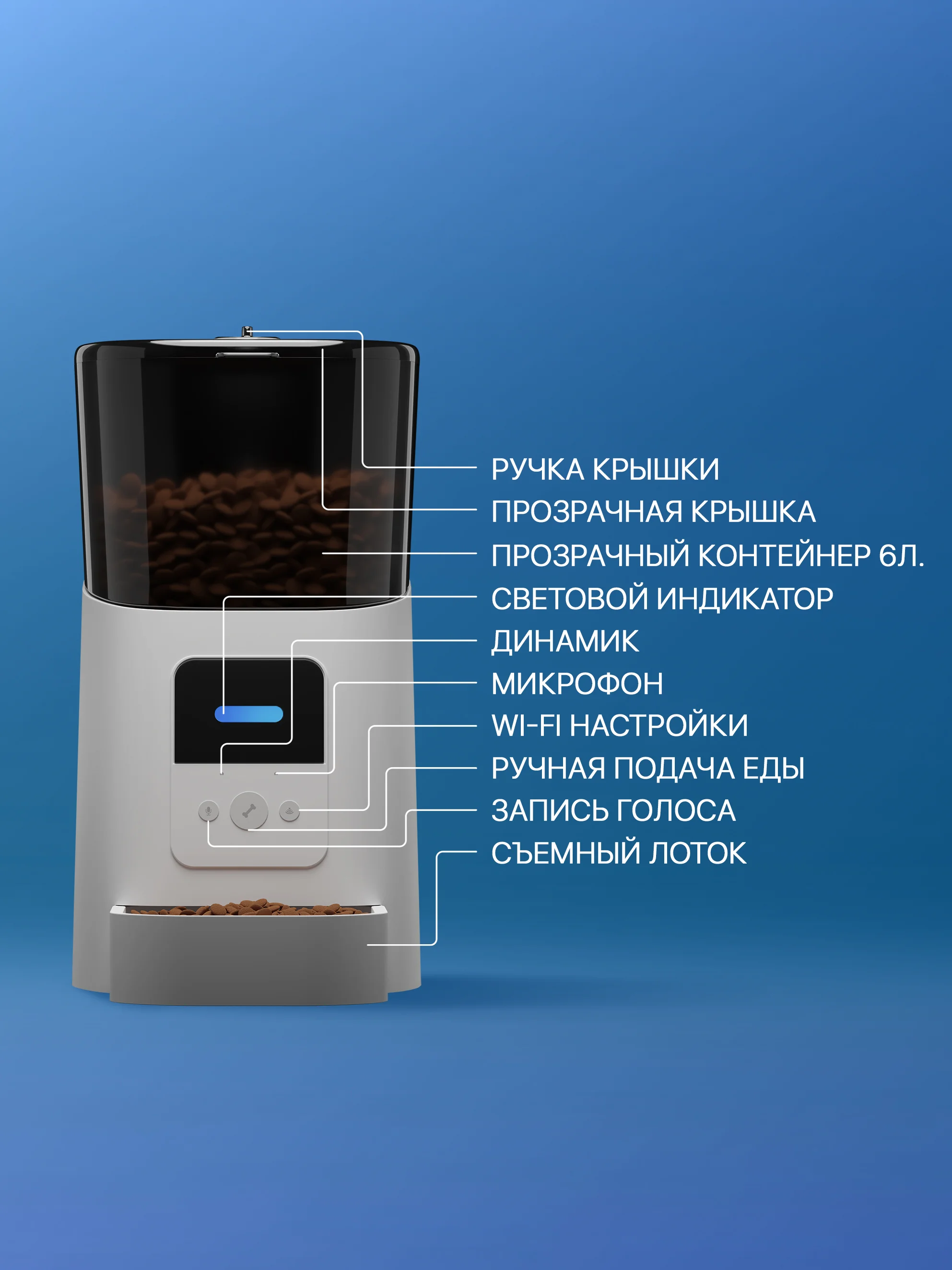 Автоматическая кормушка для кошек и собак 6 литров, Wi-Fi. Автокормушка дозатор с таймером