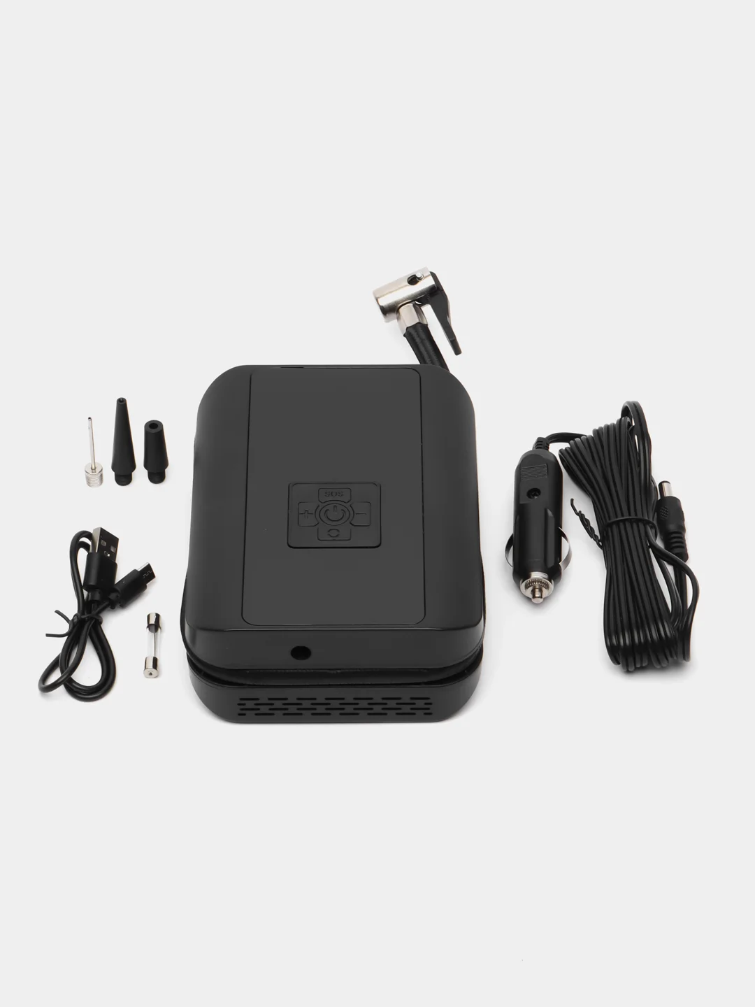 Черный аккумуляторный автокомпрессор с powerbank и фонариком, компрессор для автомобиля