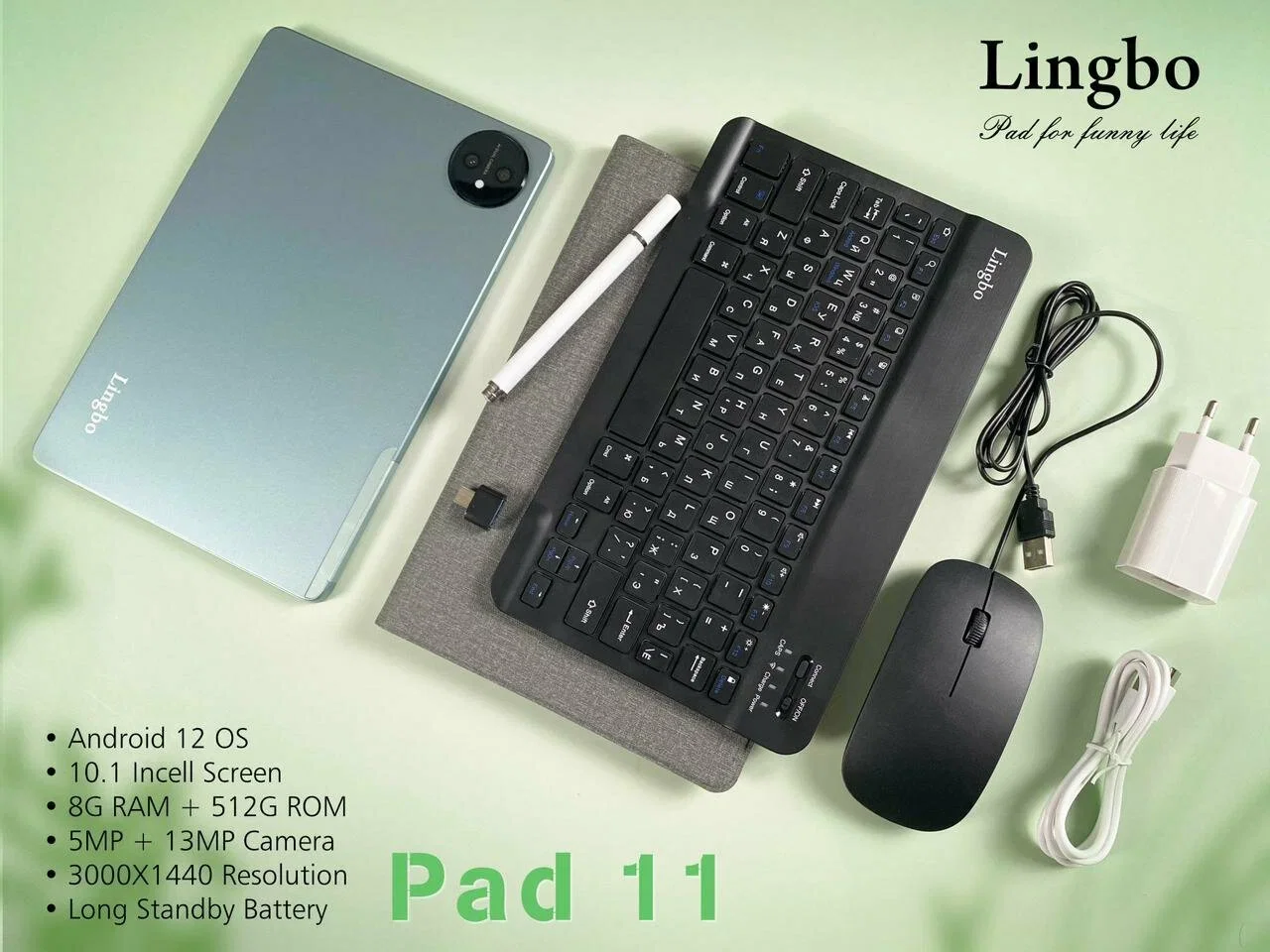 Мятный планшет Lingbo 11" 8/512 с клавиатурой и стилусом