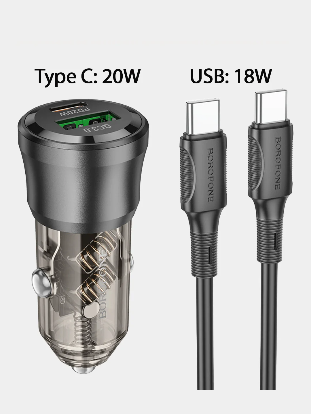 Автомобильное зарядное устройство 38W, 3.0A, QC 3.0, АЗУ + Type-C кабель, USB + Type-C PD