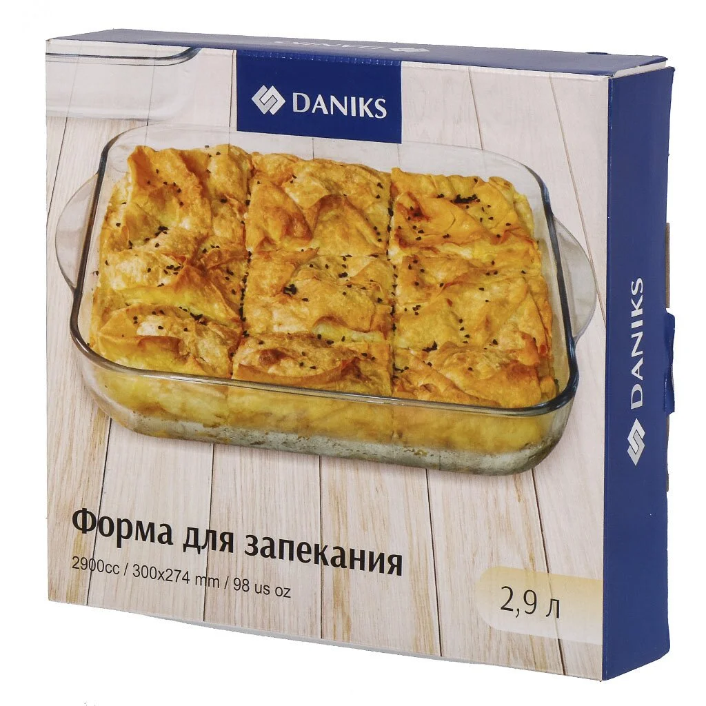 Форма для запекания стекло, 27.4х30х6 см, 2.9 л, квадр, Daniks, 45024