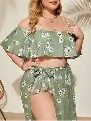 Зеленый купальник больших размеров раздельный с накидкой-юбкой, XL, 2XL, 3XL