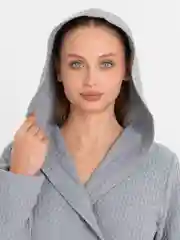 Серый халат женский вафельный домашний банный крупная клетка с капюшоном 100 % хлопок