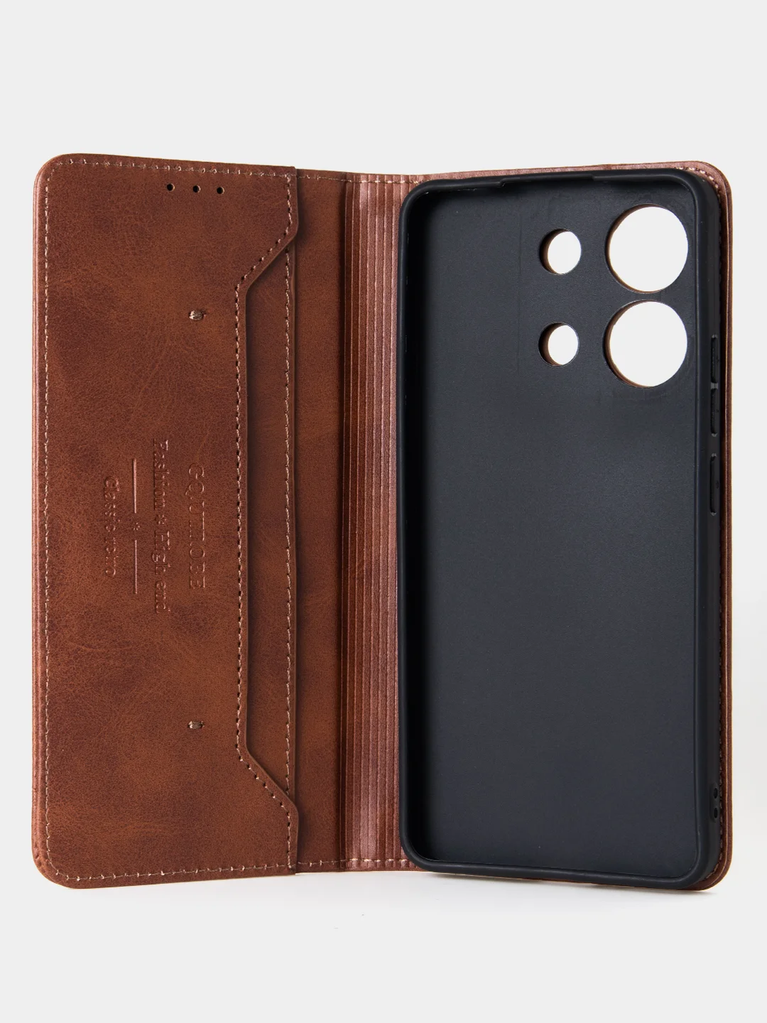 Коричневый чехол-книжка для Xiaomi Redmi Note 13 (4G) из высококачественной искусственной кожи