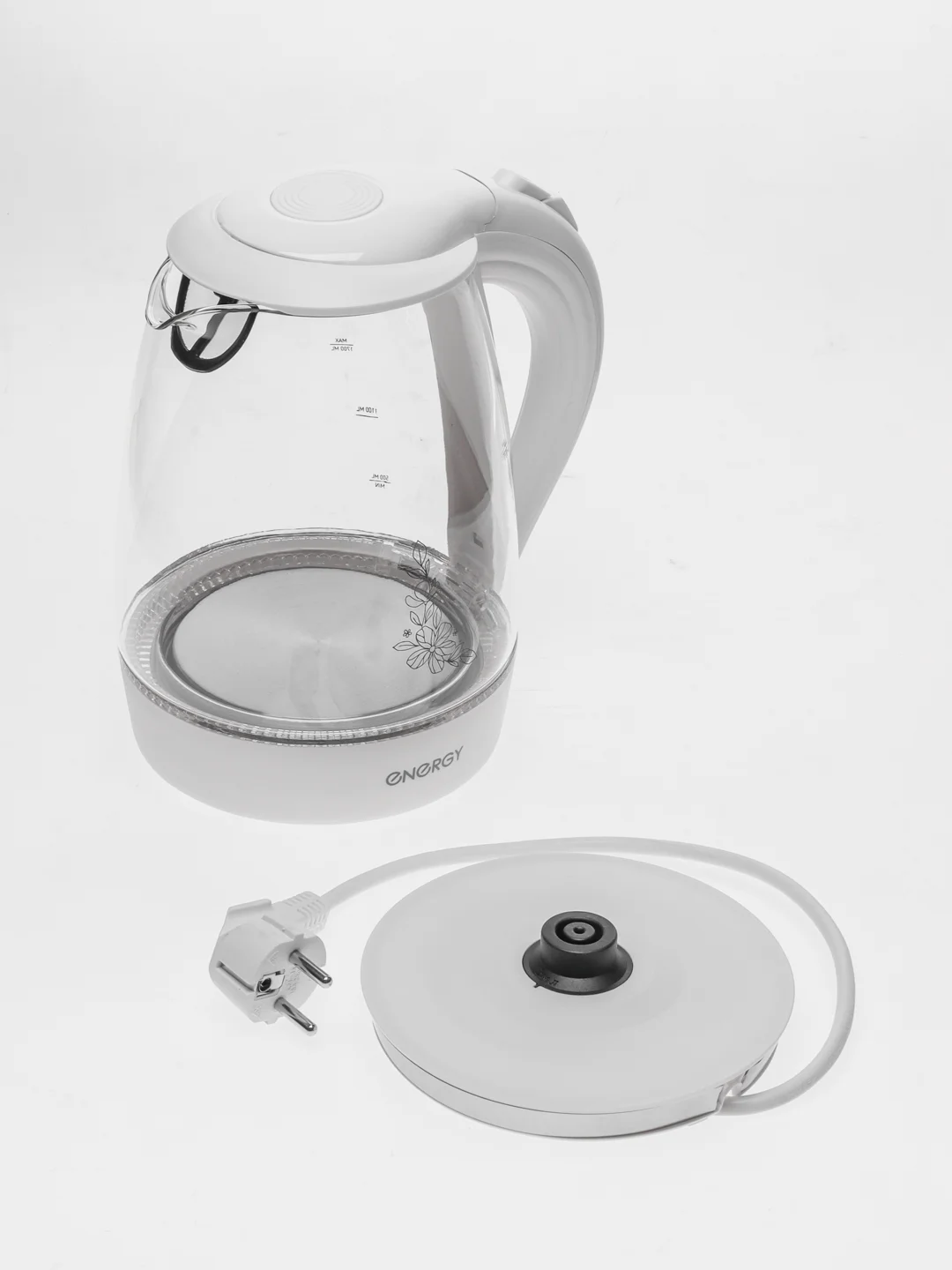 Чайник электрический ENERGY E-262, стекло, 1.7 л, 2200 Вт, белый