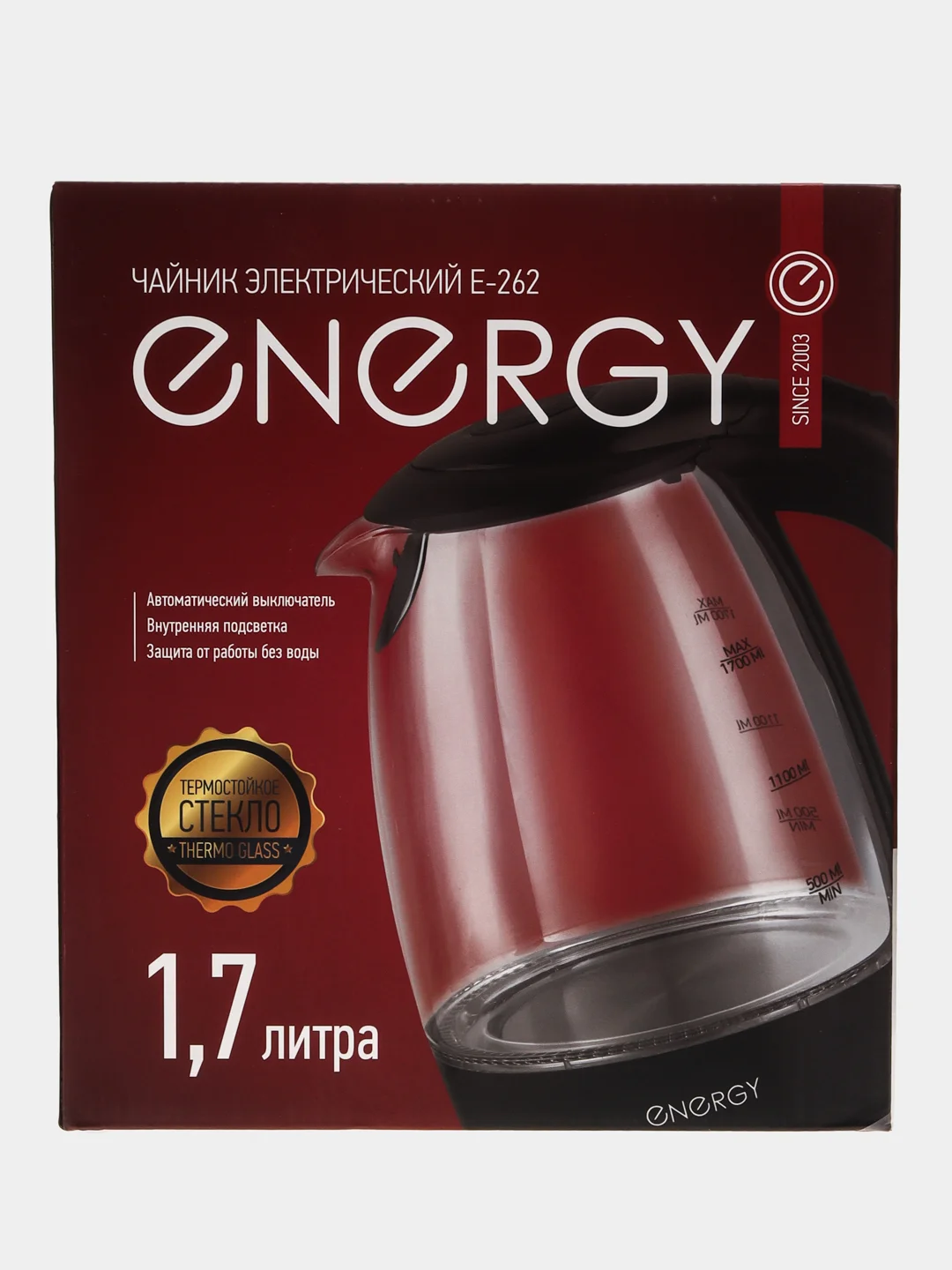 Чайник электрический ENERGY E-262, стекло, 1.7 л, 2200 Вт, белый