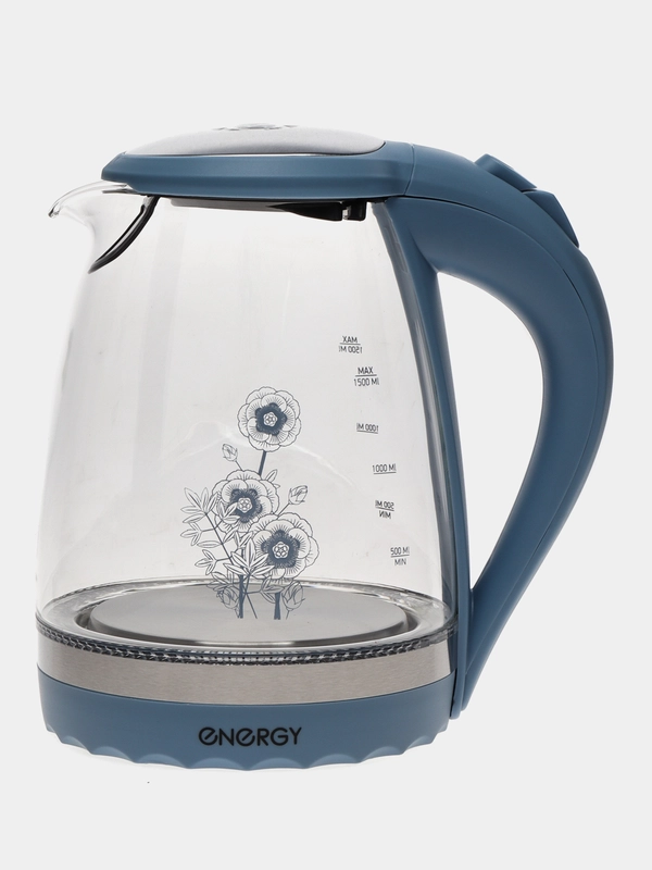 Чайник электрический ENERGY E-279, стекло, 1.5 л, 2200 Вт, голубой