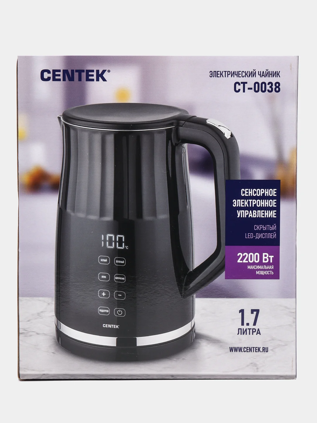 Чайник электрический Centek CT-0038, металл, 1.7 л, 1800 Вт, LED, регулировка t, чёрный
