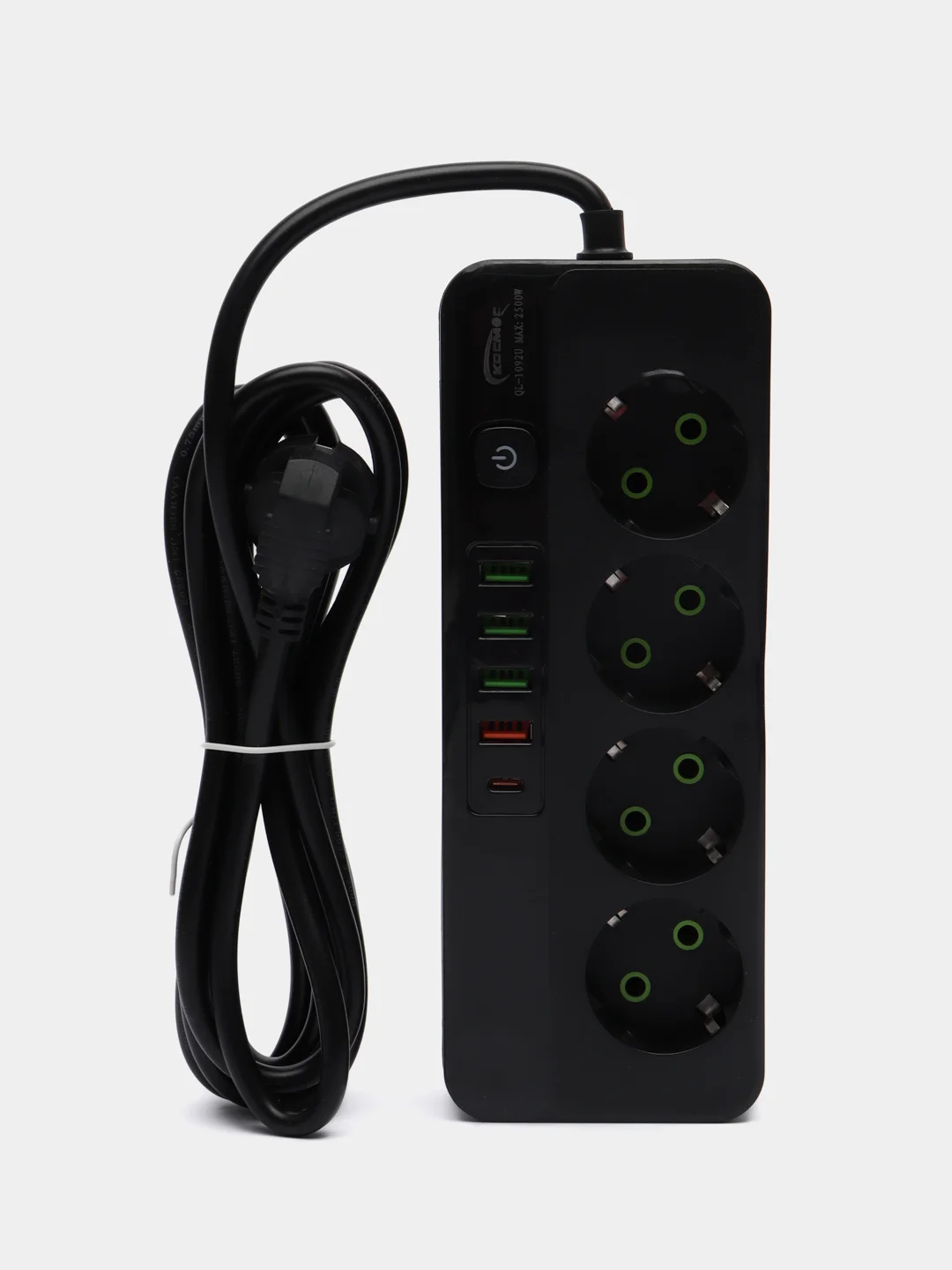 Черный удлинитель сетевой 3 метра, 4 розетки, 4 USB и 1 Type-C портами и кнопкой