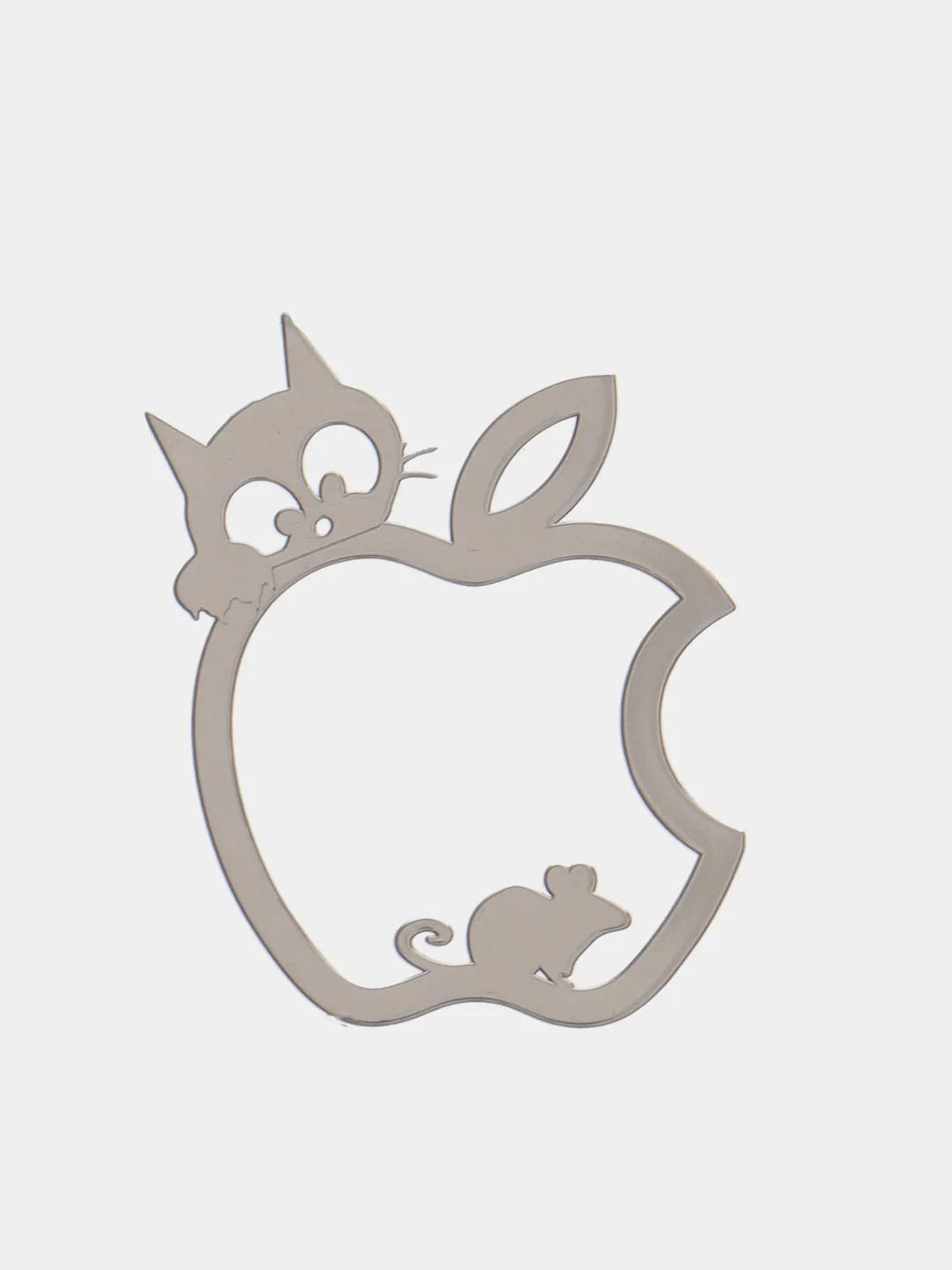 Серебряный металлическая наклейка-стикер яблоко "Apple iPhone", котик с мышкой на телефон