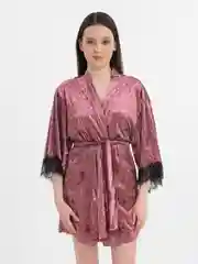Пудровый комплект бархатный: халат, брюки, шорты, майка, пояс