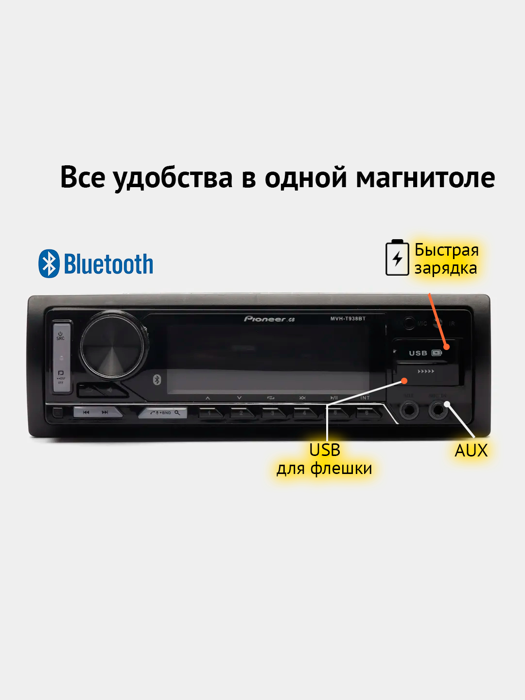 Автомагнитола Pioneer GB MVH-T938BT, процессорная, Bluetooth, 1 din купить  по цене 3590 ₽ в интернет-магазине KazanExpress