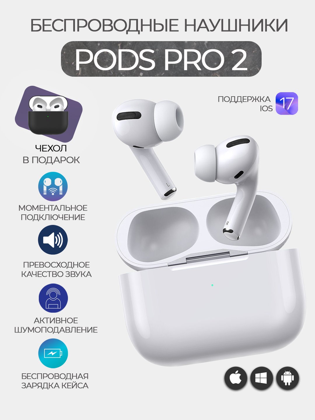 Беспроводные наушники Pods Pro 2, с шумоподавлением и прозрачностью, кабель  Type-C купить по цене 2755 ₽ в интернет-магазине Магнит Маркет