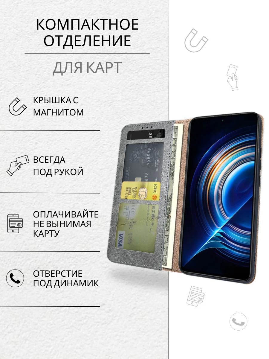 Темно-синий чехол книжка с картхолдером на Tecno Spark 10 Pro (Текно Спарк 10 Про)