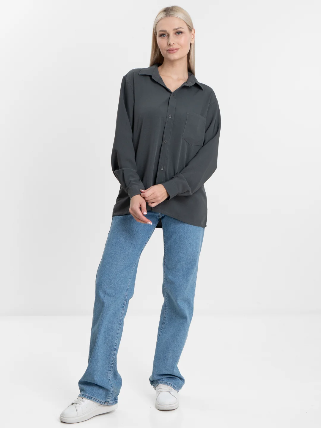 TrendD / Рубашка базовая серая Unisex прямая c длинным рукавом