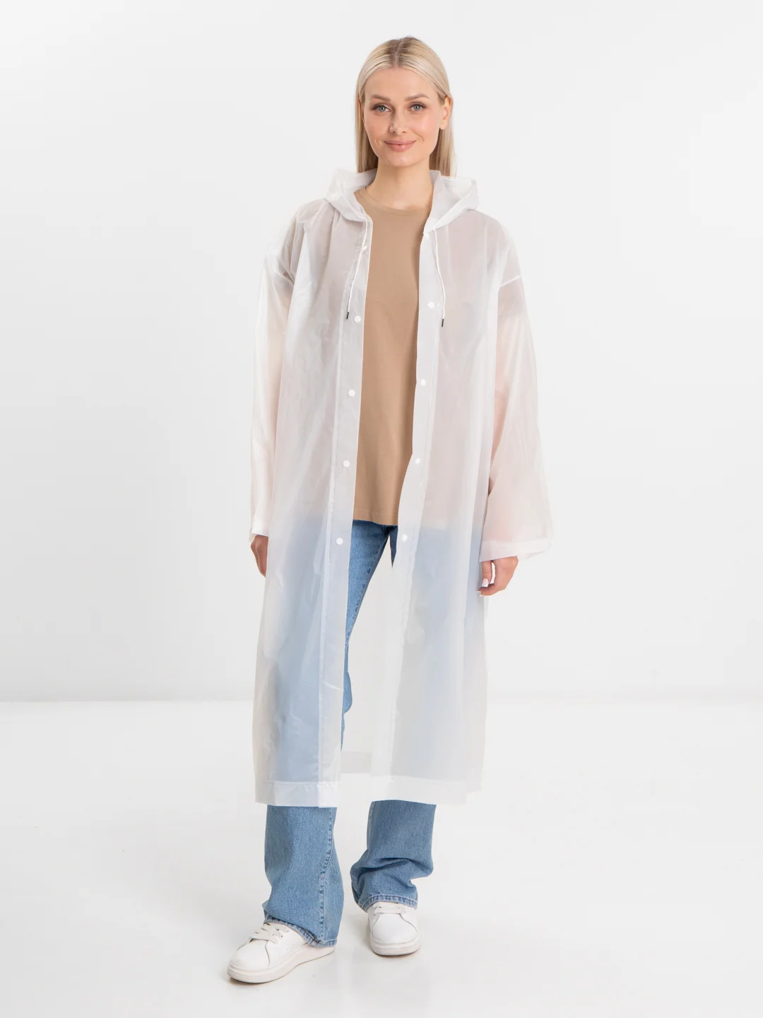 Белый дождевик с капюшоном, многоразовый UNISEX цвет белый,черный