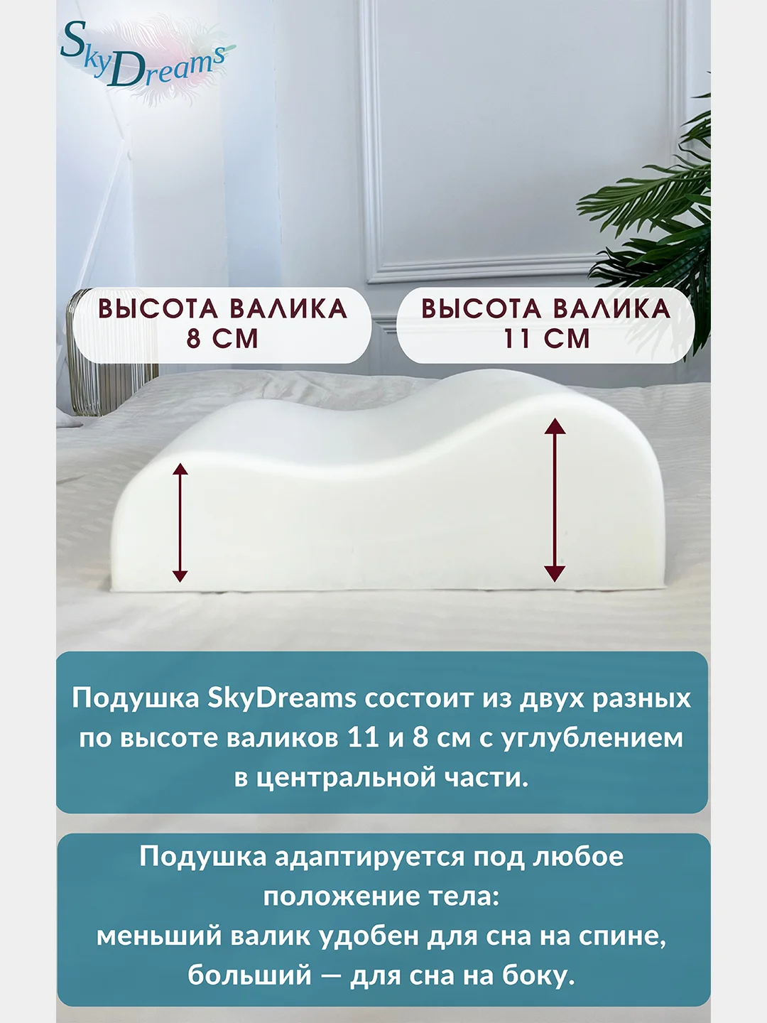 Ортопедическая подушка WAVE с эффектом памяти, с двумя валиками, 52х32х11/8 см, трикотаж