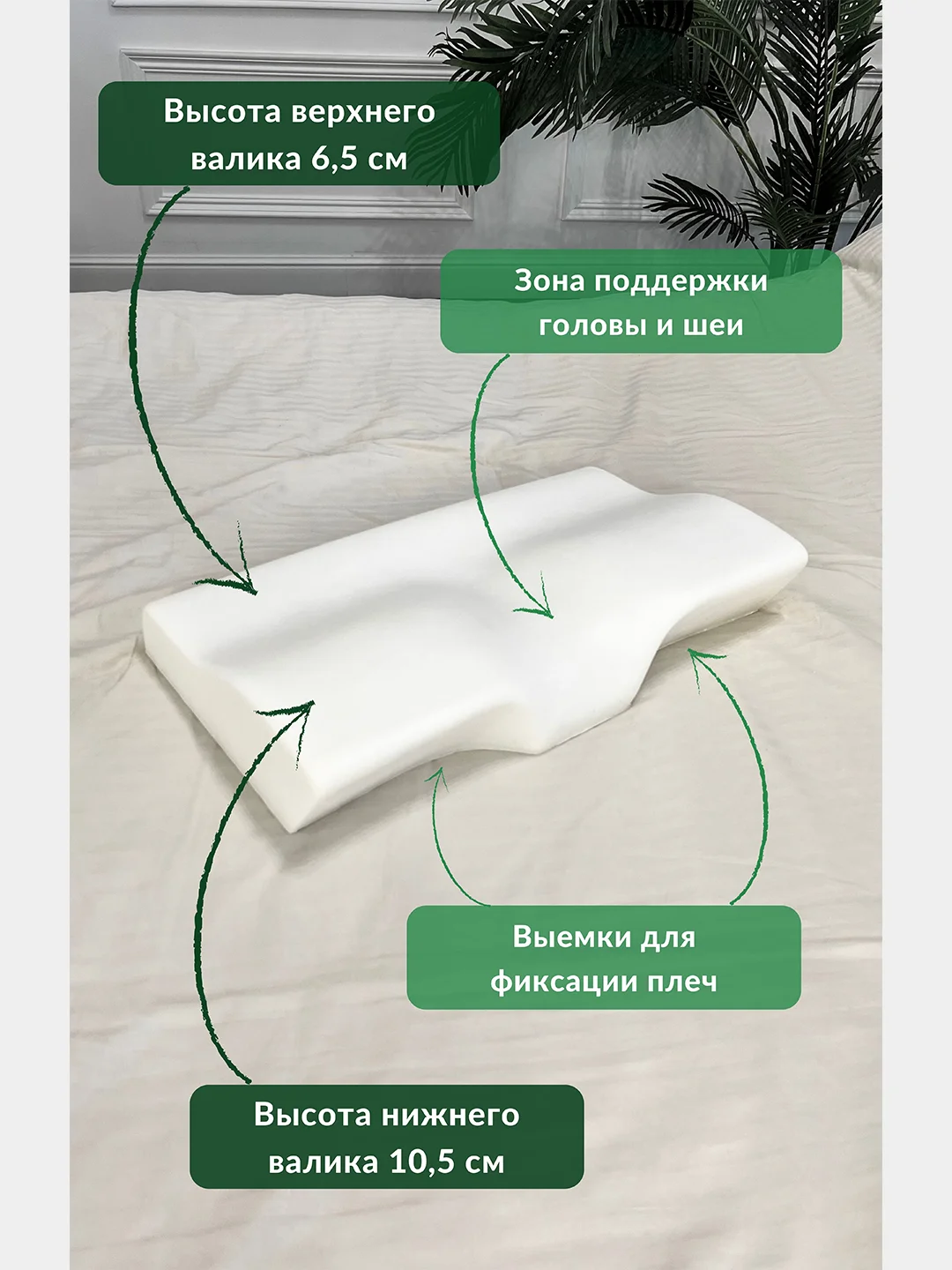 Ортопедическая подушка с поддержкой шеи и плеч, с эффектом памяти, 58х33х10,5/6,5 см, п/э