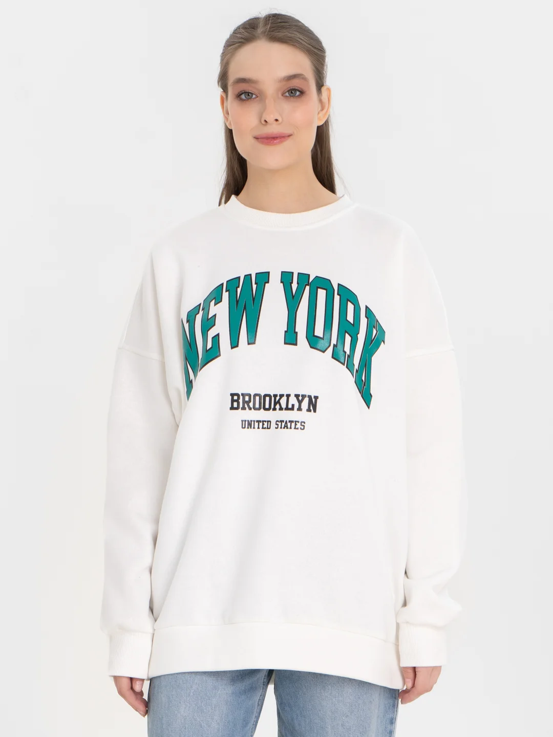 Белый свитшот унисекс, оверсайз, с флисом, с надписью New-York