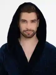 Темно-синий мужской махровый халат, с капюшоном