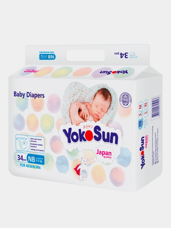 Подгузники для новорожденных YokoSun, на липучках, размер NB, 2-5 кг, 34 штуки