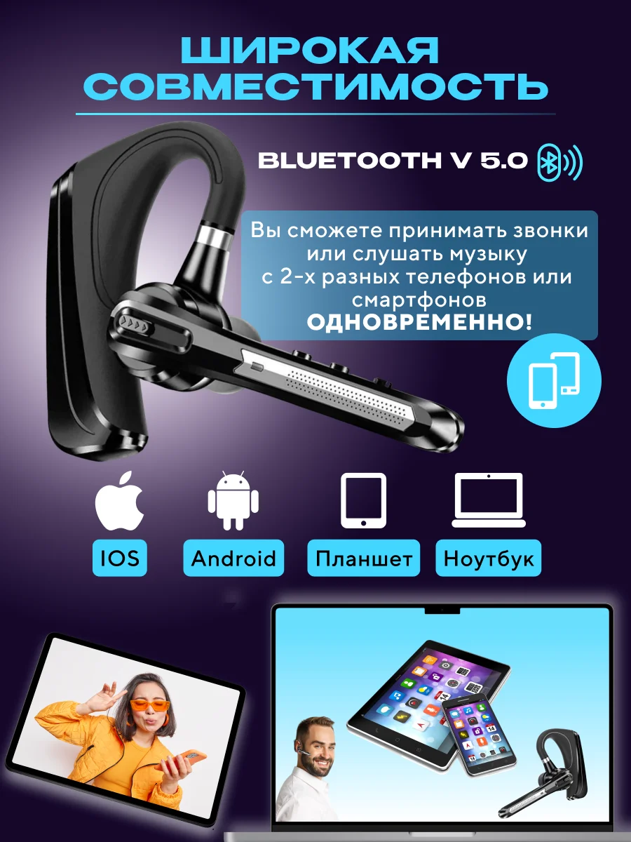 Черный гарнитура наушник беспроводная HSP-B3 русский язык, Bluetooth v5.0 для 2 - х телефонов