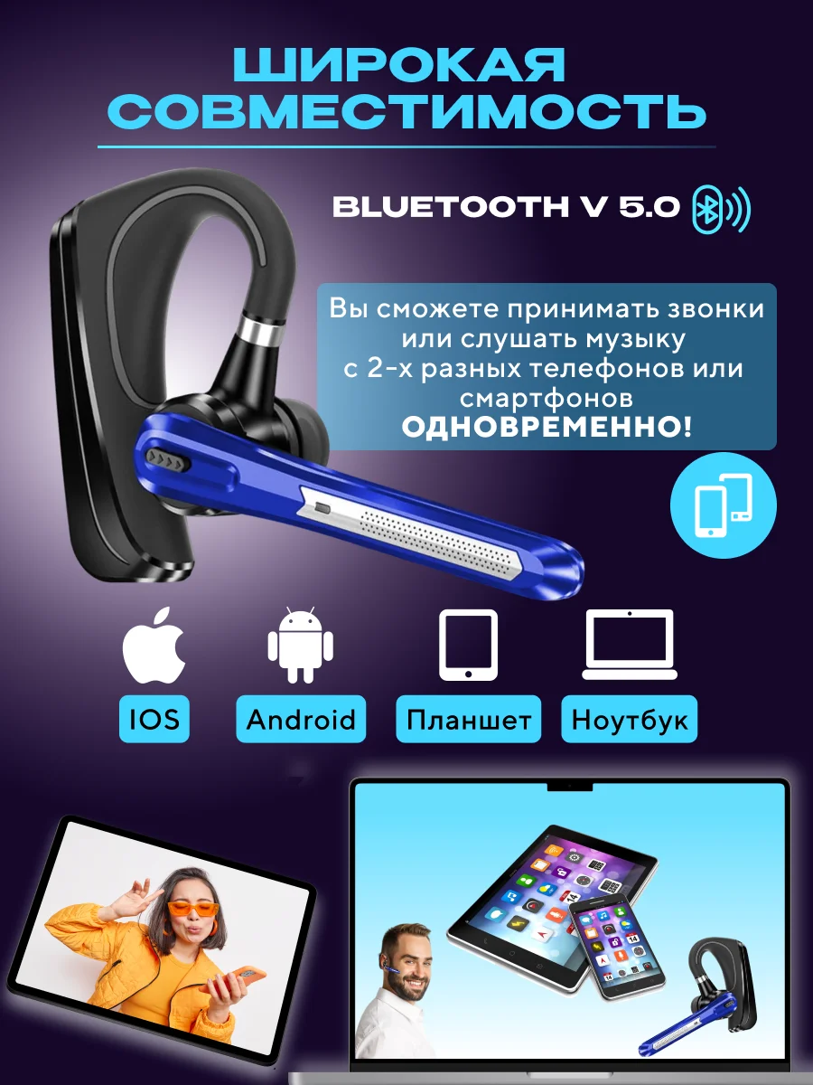 Синий гарнитура наушник беспроводная HSP-B3 русский язык, Bluetooth v5.0 для 2 - х телефонов