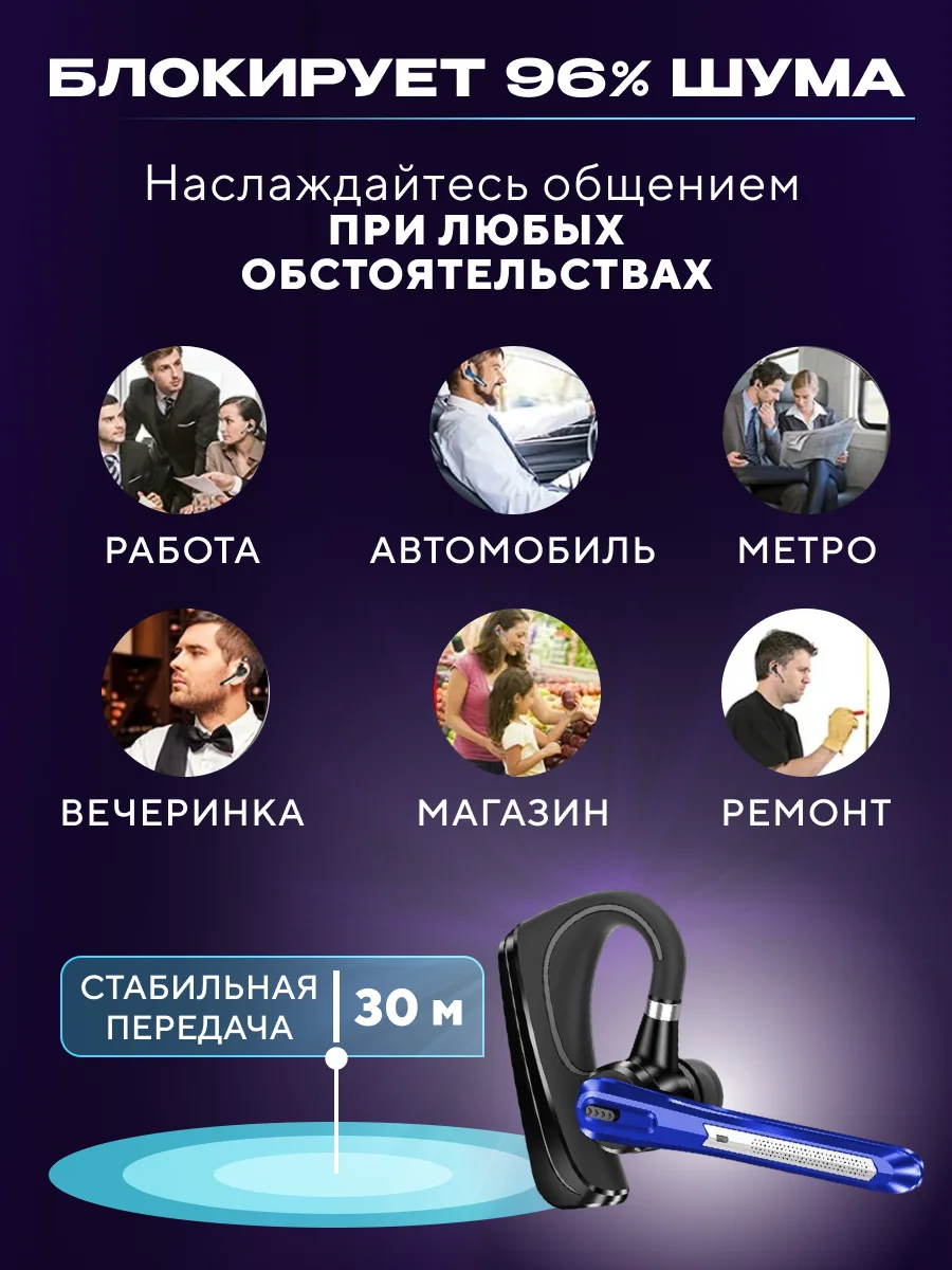 Синий гарнитура наушник беспроводная HSP-B3 русский язык, Bluetooth v5.0 для 2 - х телефонов