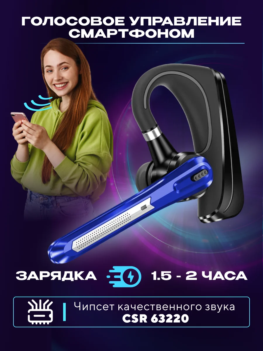 Синий гарнитура наушник беспроводная HSP-B3 русский язык, Bluetooth v5.0 для 2 - х телефонов