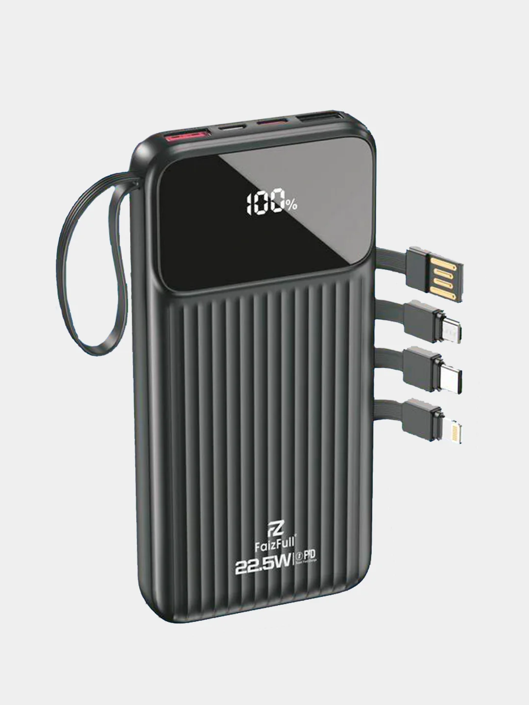 Черный power Bank с быстрой зарядкой, со встроенными кабелями, Lightning, Type-C