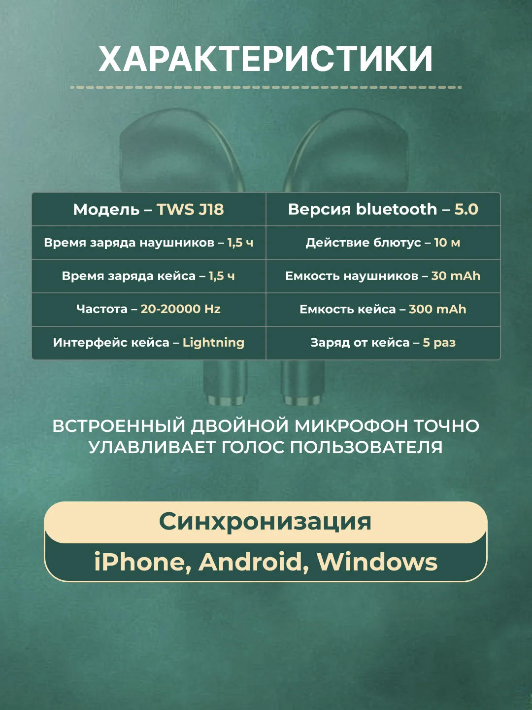 Зеленый наушники беспроводные TWS J18 для iPhone, Android с шумоподавлением и влагозашитой
